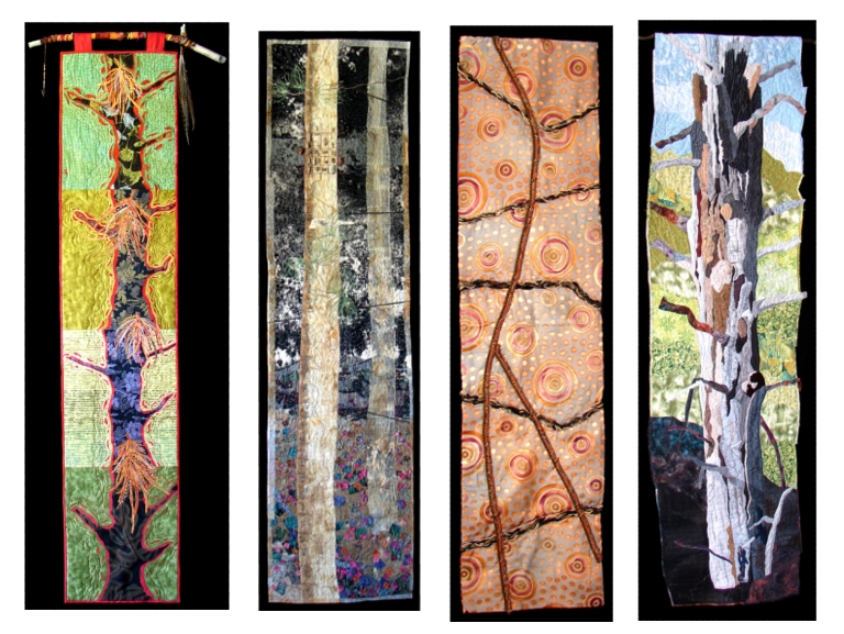 four long and narrow art quilts.