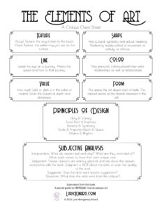 thumbnail image of critique cheat sheet listing the elements of art and the principles of design by lyric kinard