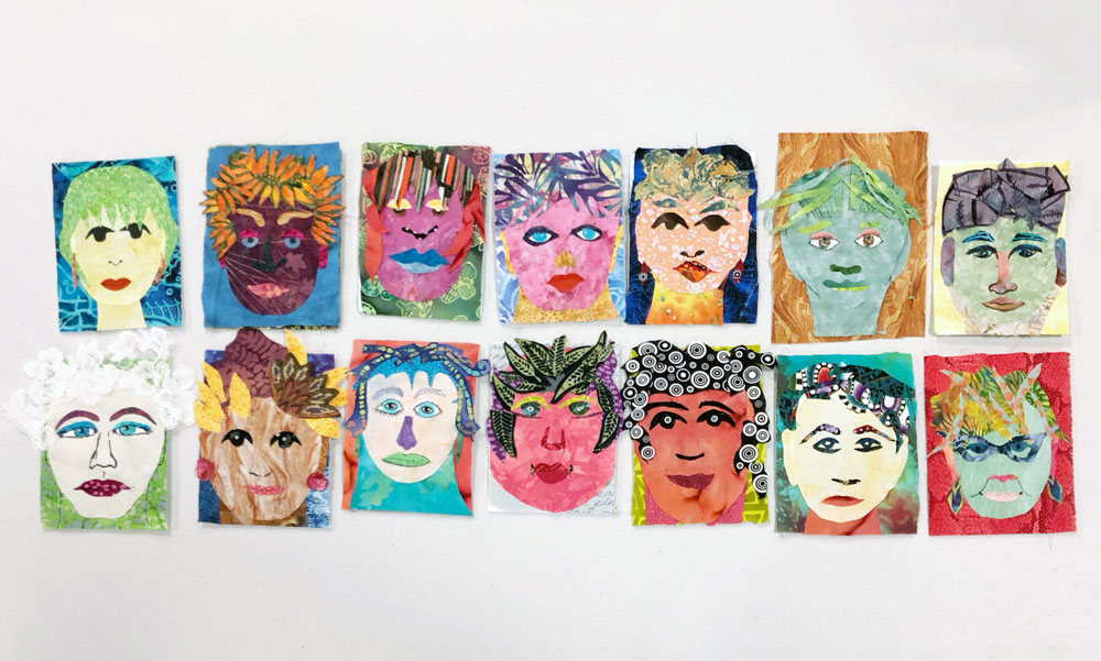 Kinard_seriously silly sketches 01 small postcard sized cartoon faces, made in fabric with many different colors